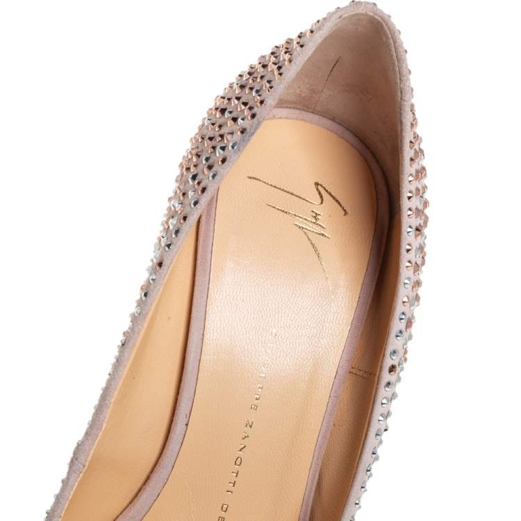 Pre Owned Giuseppe Zanotti Beige Crystal Embellished Suede Peep Toe Platform Pumps Size 39