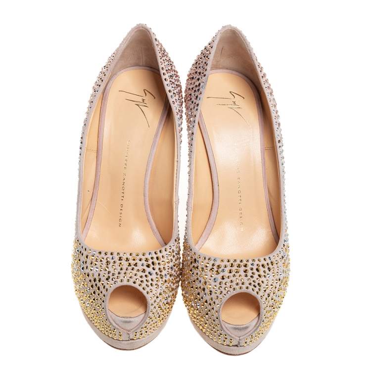 Pre Owned Giuseppe Zanotti Beige Crystal Embellished Suede Peep Toe Platform Pumps Size 39