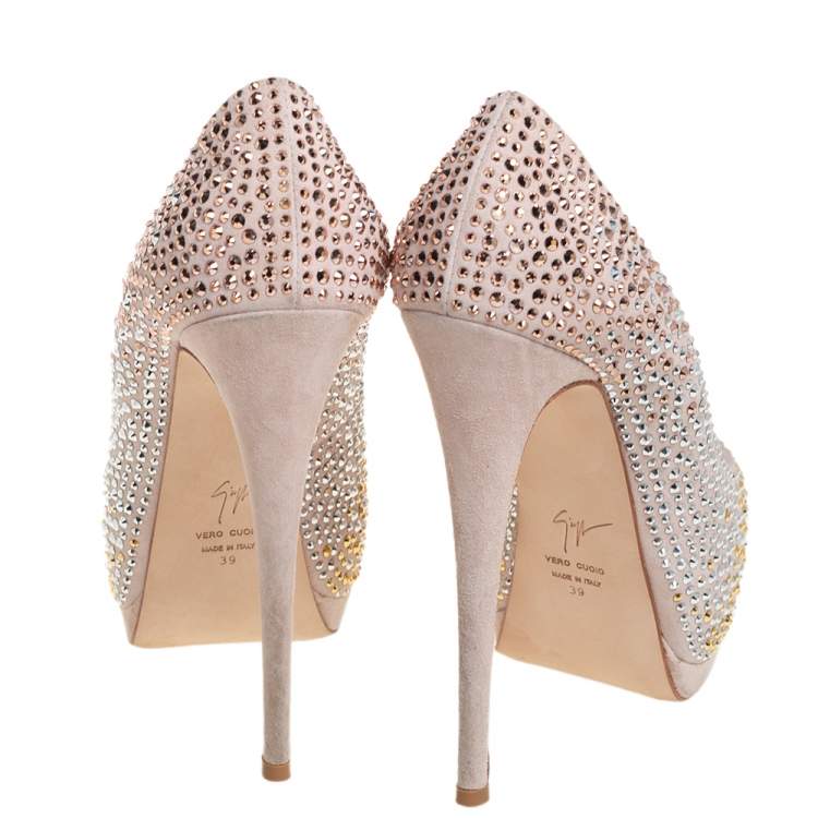 Pre Owned Giuseppe Zanotti Beige Crystal Embellished Suede Peep Toe Platform Pumps Size 39
