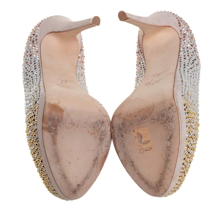 Pre Owned Giuseppe Zanotti Beige Crystal Embellished Suede Peep Toe Platform Pumps Size 39