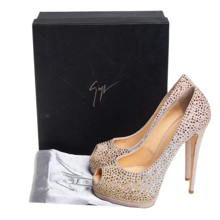 Pre Owned Giuseppe Zanotti Beige Crystal Embellished Suede Peep Toe Platform Pumps Size 39