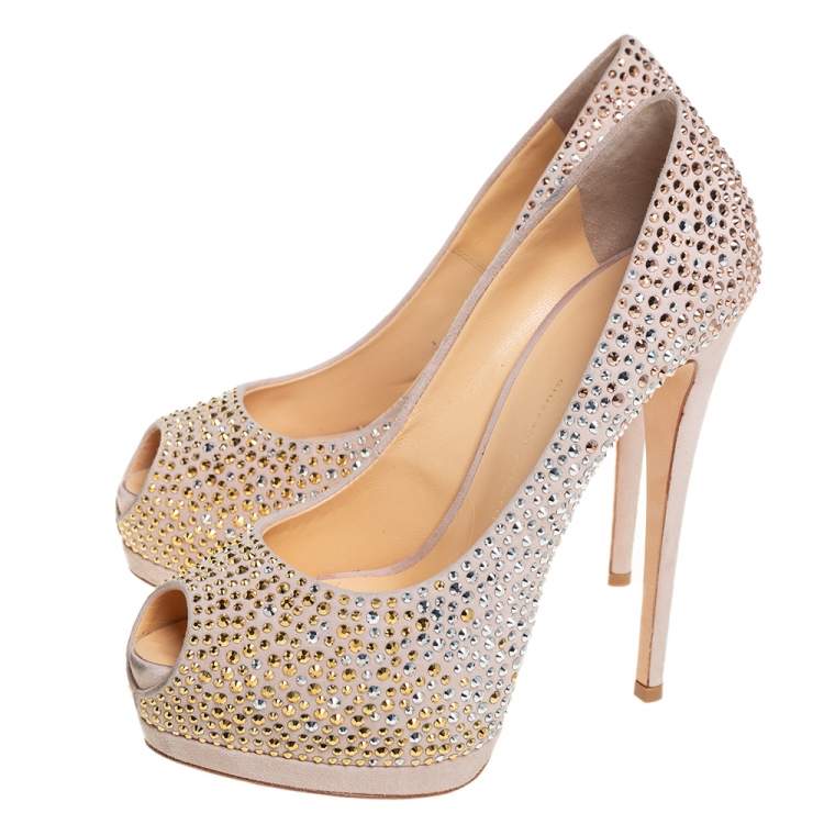Pre Owned Giuseppe Zanotti Beige Crystal Embellished Suede Peep Toe Platform Pumps Size 39