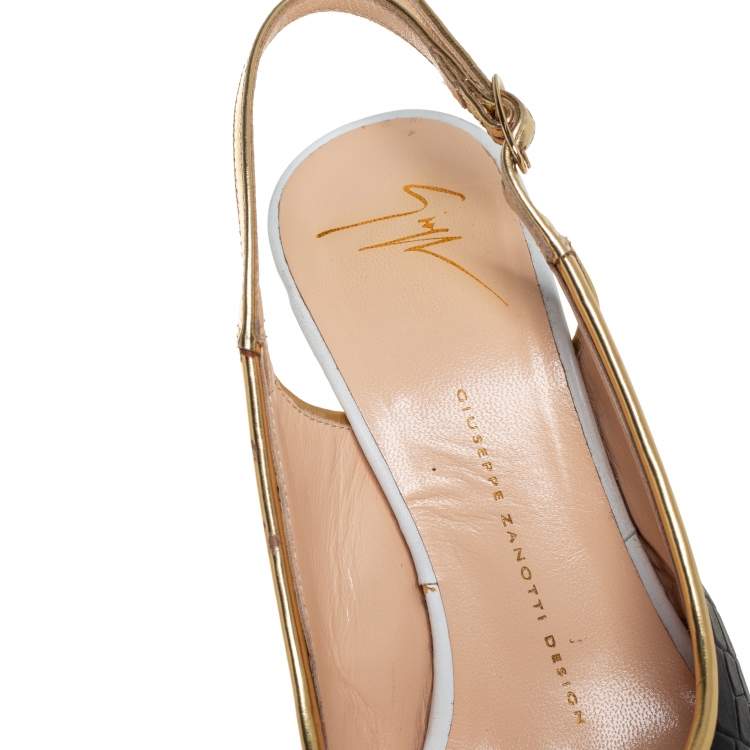 Pre Owned Giuseppe Zanotti Black/Gold Croc Embossed Leather Peep Toe Platform Slingback Sandals Size 38
