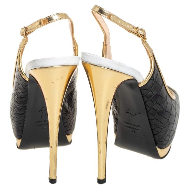 Pre Owned Giuseppe Zanotti Black/Gold Croc Embossed Leather Peep Toe Platform Slingback Sandals Size 38