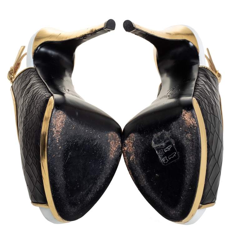 Pre Owned Giuseppe Zanotti Black/Gold Croc Embossed Leather Peep Toe Platform Slingback Sandals Size 38