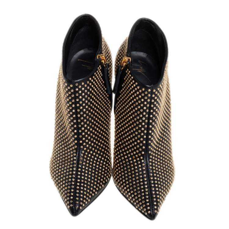 Pre Owned Giuseppe Zanotti Black/Gold Studded Leather Ankle Length Booties Size 38.5