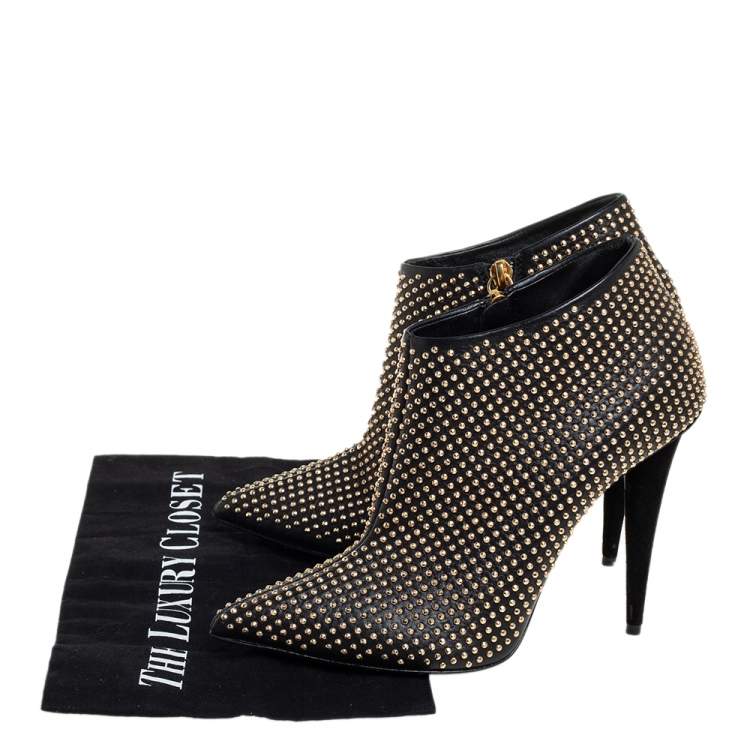 Pre Owned Giuseppe Zanotti Black/Gold Studded Leather Ankle Length Booties Size 38.5