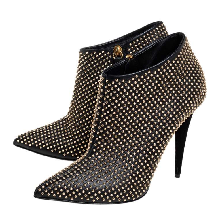Pre Owned Giuseppe Zanotti Black/Gold Studded Leather Ankle Length Booties Size 38.5