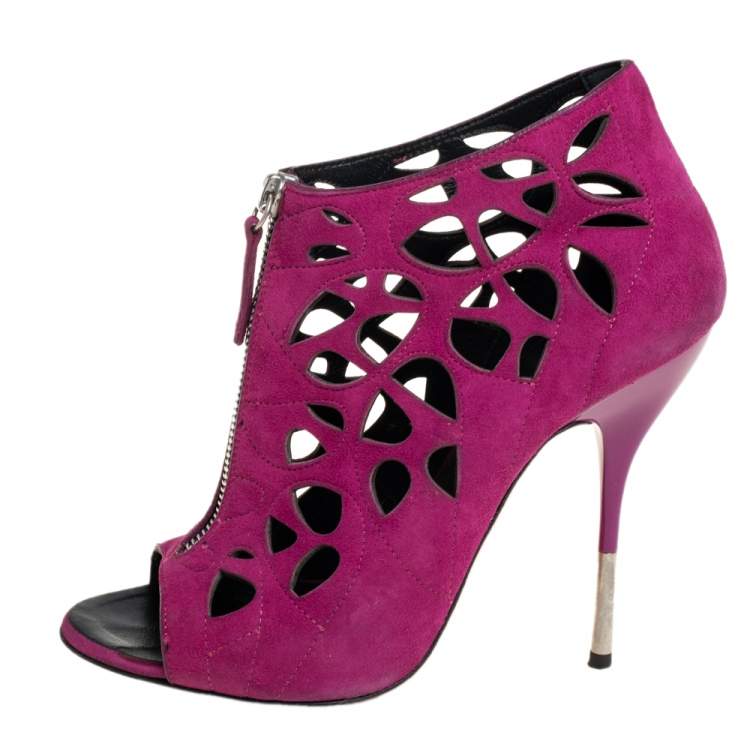 Pre Owned Giuseppe Zanotti  Pink Suede Cutout Zipper Booties Size 37.5