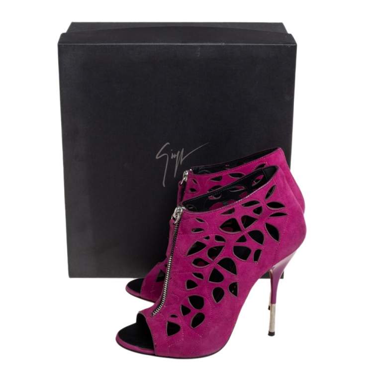Pre Owned Giuseppe Zanotti  Pink Suede Cutout Zipper Booties Size 37.5