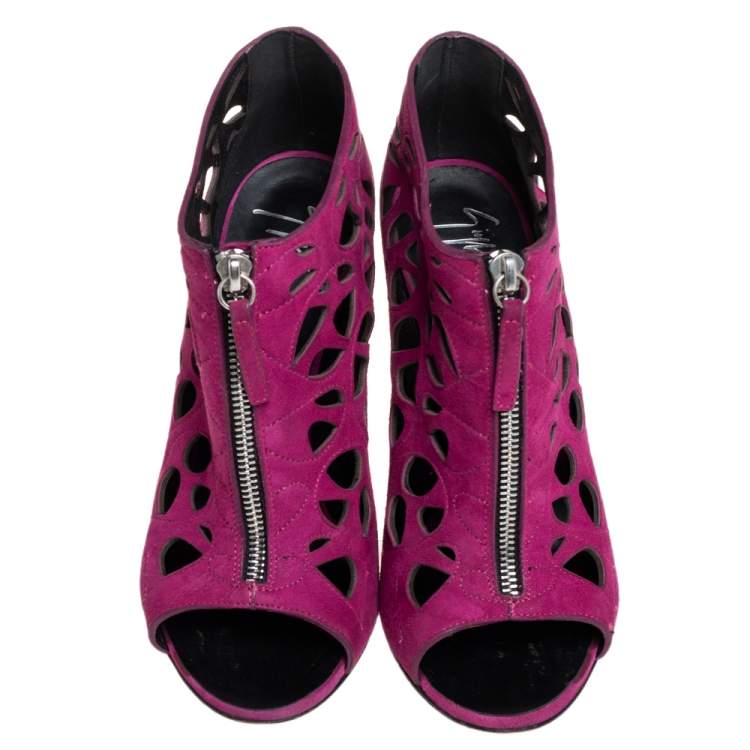 Pre Owned Giuseppe Zanotti  Pink Suede Cutout Zipper Booties Size 37.5