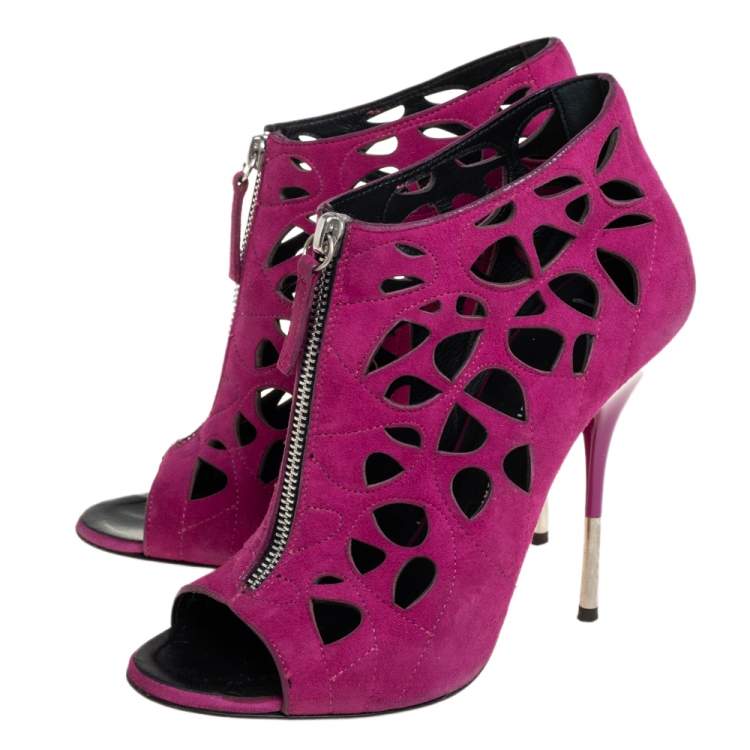 Pre Owned Giuseppe Zanotti  Pink Suede Cutout Zipper Booties Size 37.5