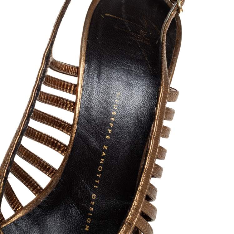 Pre Owned Giuseppe Zanotti Metallic Bronze Leather Strappy Peep Toe Platform Slingback Sandals Size 37