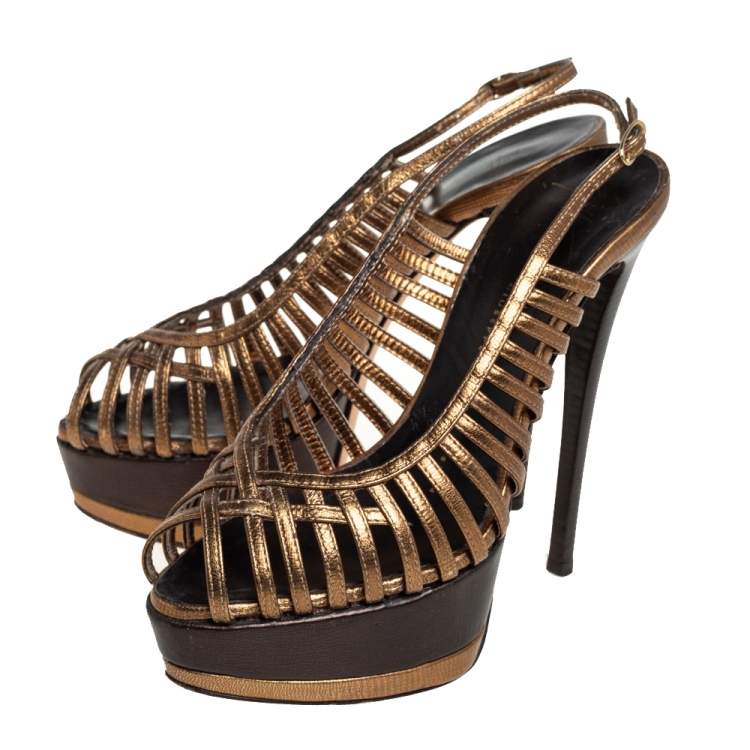 Pre Owned Giuseppe Zanotti Metallic Bronze Leather Strappy Peep Toe Platform Slingback Sandals Size 37