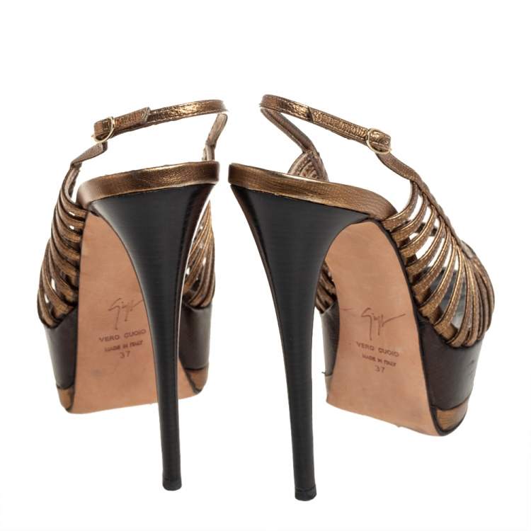 Pre Owned Giuseppe Zanotti Metallic Bronze Leather Strappy Peep Toe Platform Slingback Sandals Size 37