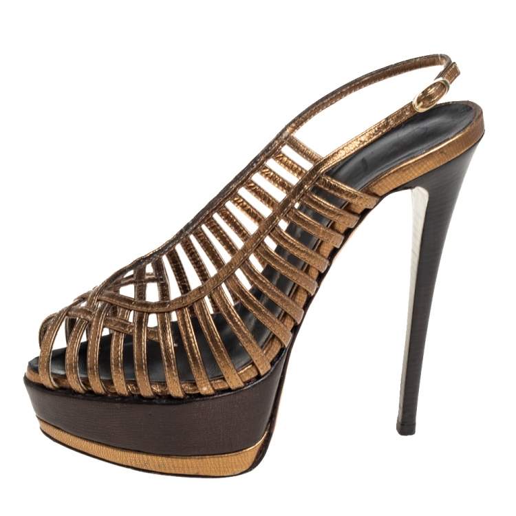 Pre Owned Giuseppe Zanotti Metallic Bronze Leather Strappy Peep Toe Platform Slingback Sandals Size 37