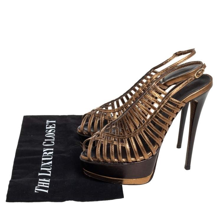 Pre Owned Giuseppe Zanotti Metallic Bronze Leather Strappy Peep Toe Platform Slingback Sandals Size 37