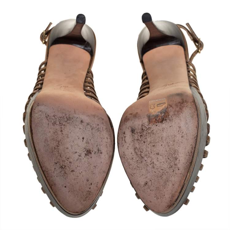 Pre Owned Giuseppe Zanotti Metallic Bronze Leather Strappy Peep Toe Platform Slingback Sandals Size 37