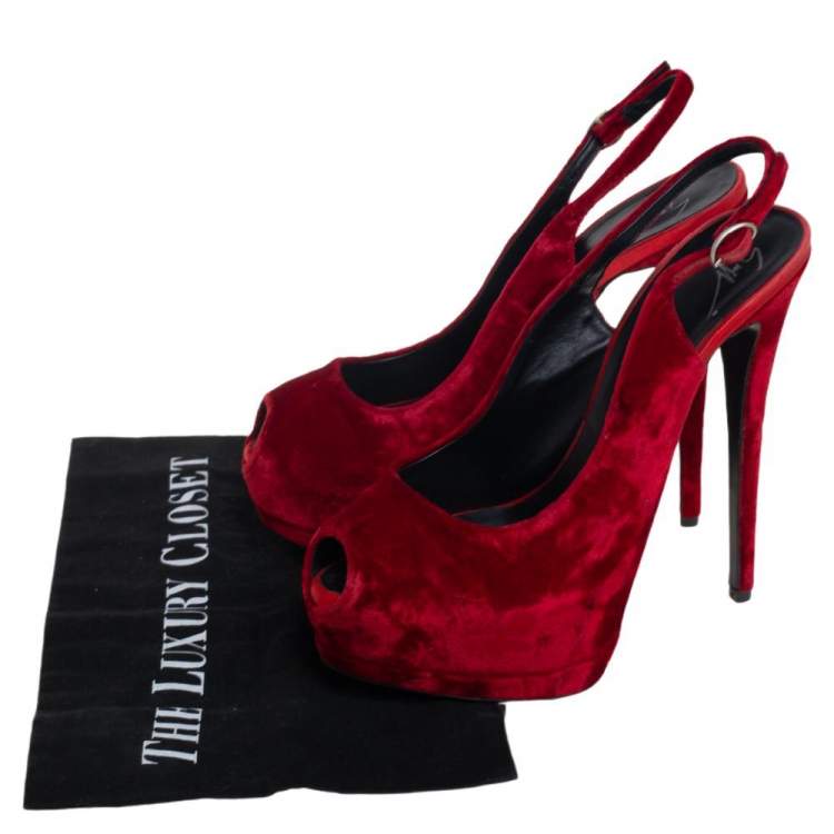 Pre Owned Giuseppe Zanotti Red Velvet  Peep Toe Slingback Platform Sandals Size 38.5