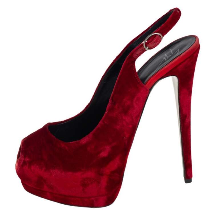 Pre Owned Giuseppe Zanotti Red Velvet  Peep Toe Slingback Platform Sandals Size 38.5