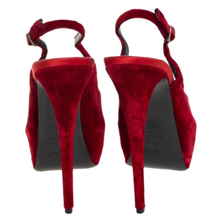 Pre Owned Giuseppe Zanotti Red Velvet  Peep Toe Slingback Platform Sandals Size 38.5