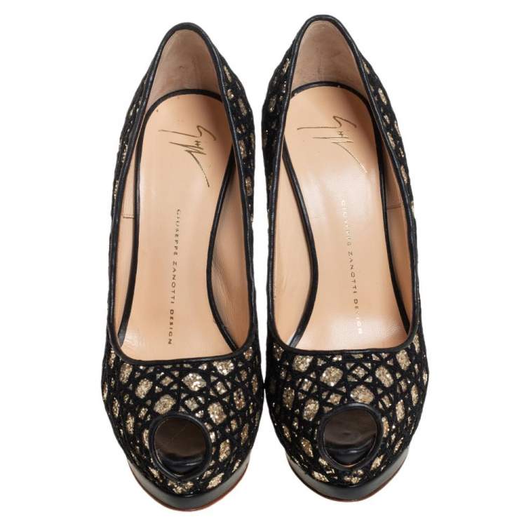 Pre Owned Giuseppe Zanotti Black Leather And Glitter Peep Toe Pumps Size 37
