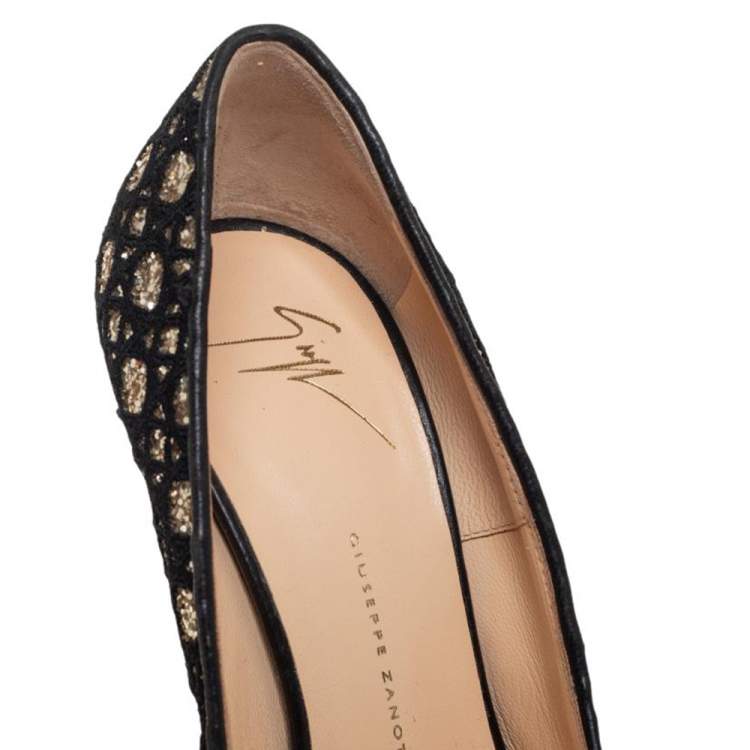 Pre Owned Giuseppe Zanotti Black Leather And Glitter Peep Toe Pumps Size 37