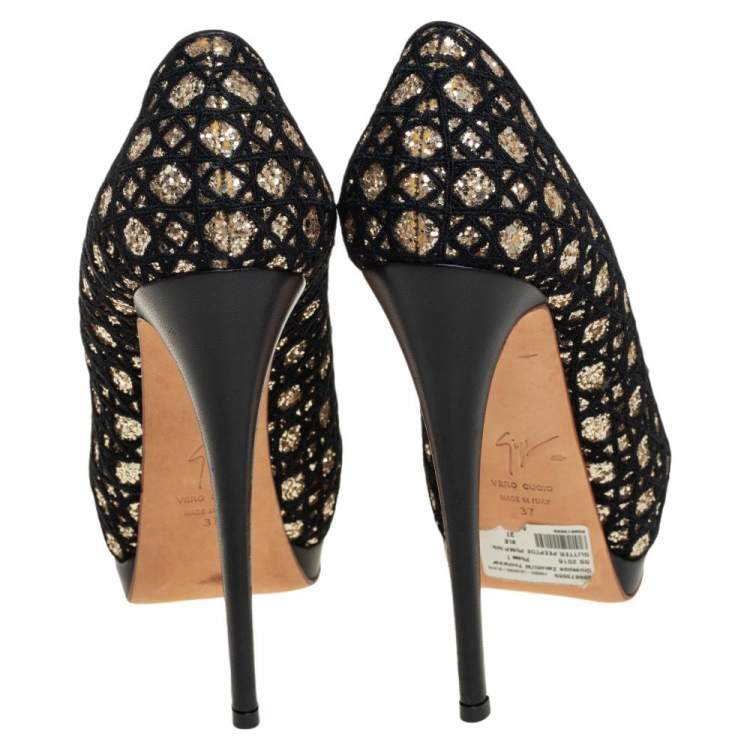 Pre Owned Giuseppe Zanotti Black Leather And Glitter Peep Toe Pumps Size 37