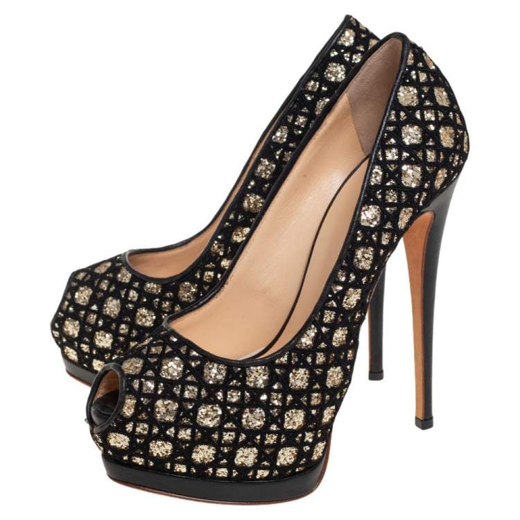 Pre Owned Giuseppe Zanotti Black Leather And Glitter Peep Toe Pumps Size 37