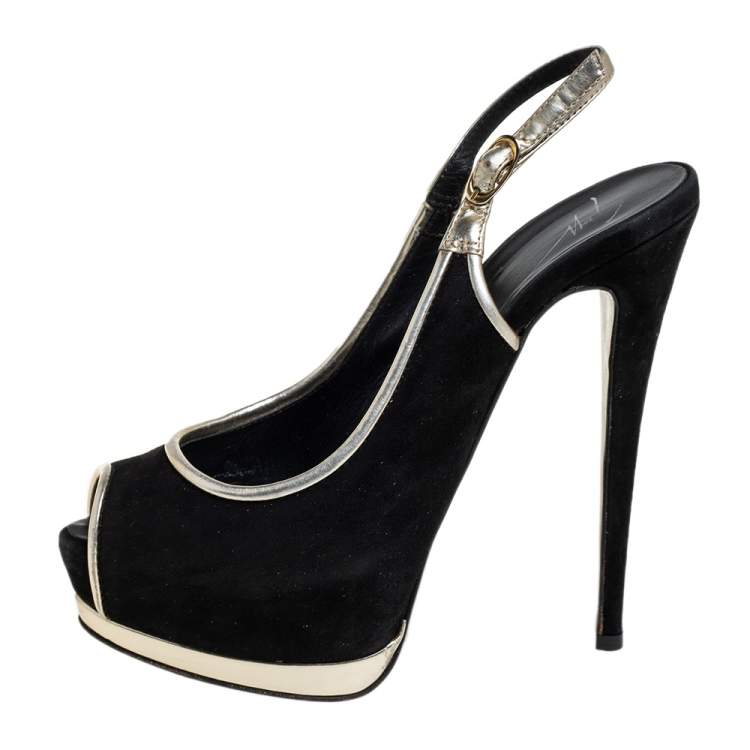 Pre Owned Guiseppe Zannotti Black/Silver Suede And Leather Trim Peep Toe Slingback Platform Sandals Size 37.5