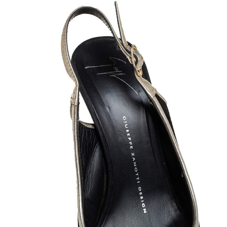 Pre Owned Guiseppe Zannotti Black/Silver Suede And Leather Trim Peep Toe Slingback Platform Sandals Size 37.5