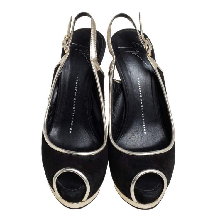 Pre Owned Guiseppe Zannotti Black/Silver Suede And Leather Trim Peep Toe Slingback Platform Sandals Size 37.5