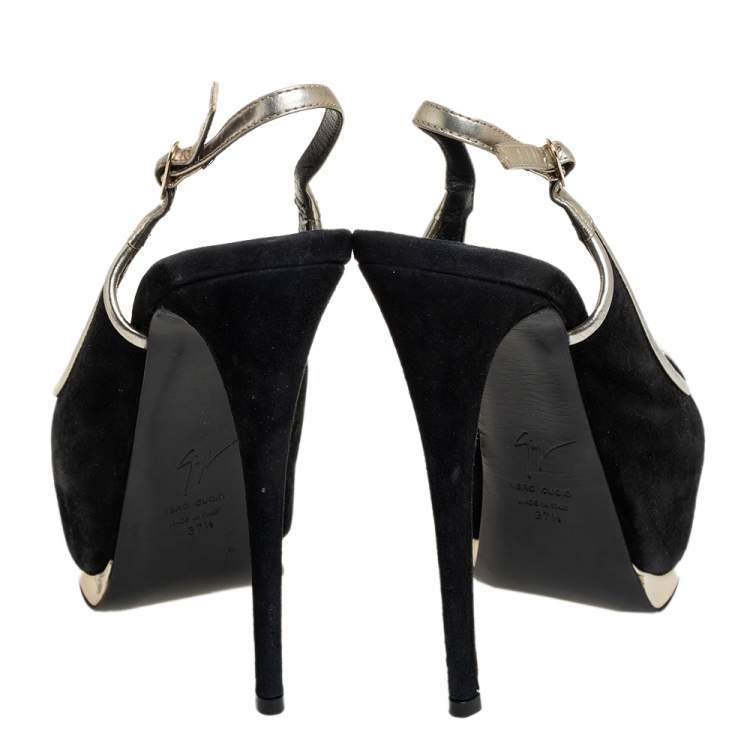 Pre Owned Guiseppe Zannotti Black/Silver Suede And Leather Trim Peep Toe Slingback Platform Sandals Size 37.5