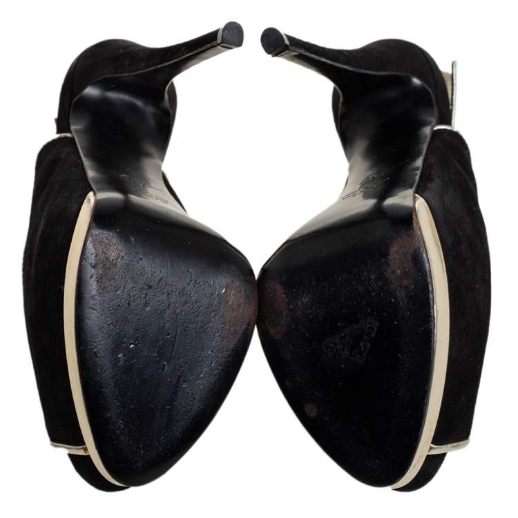 Pre Owned Guiseppe Zannotti Black/Silver Suede And Leather Trim Peep Toe Slingback Platform Sandals Size 37.5