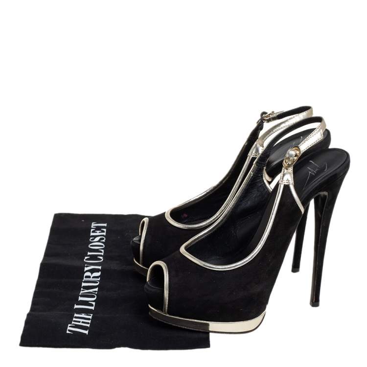 Pre Owned Guiseppe Zannotti Black/Silver Suede And Leather Trim Peep Toe Slingback Platform Sandals Size 37.5