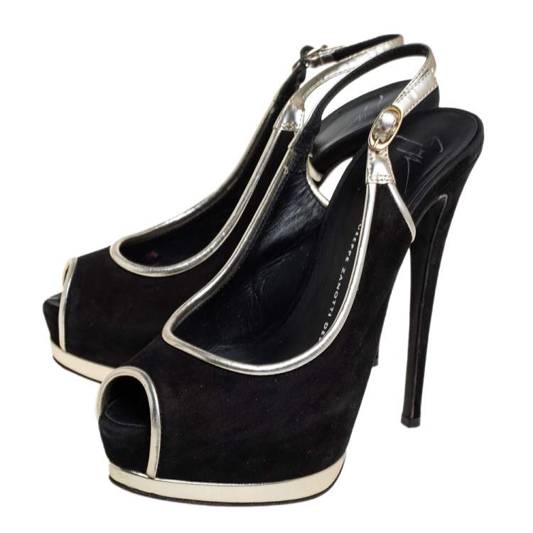 Pre Owned Guiseppe Zannotti Black/Silver Suede And Leather Trim Peep Toe Slingback Platform Sandals Size 37.5