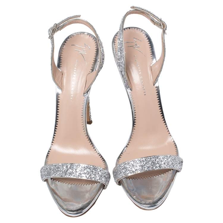 Pre Owned Giuseppe Zanotti Silver Glitter Open Toe Slingback Sandals Size 39.5
