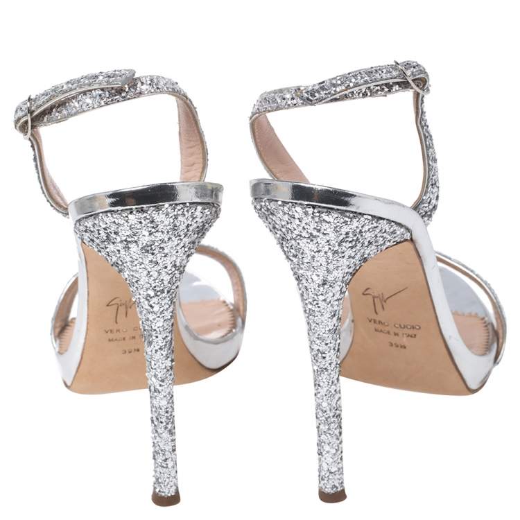 Pre Owned Giuseppe Zanotti Silver Glitter Open Toe Slingback Sandals Size 39.5