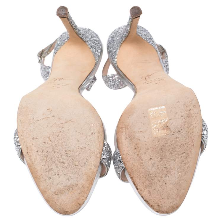 Pre Owned Giuseppe Zanotti Silver Glitter Open Toe Slingback Sandals Size 39.5