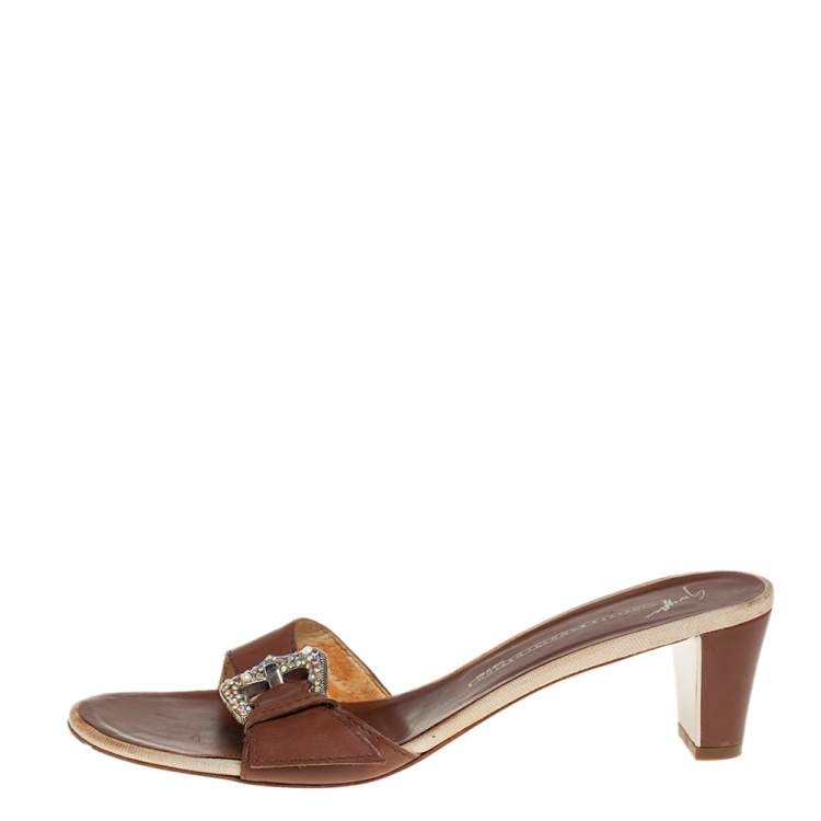 Pre Owned Giuseppe Zanotti Brown Leather Buckle Detail Slide Sandals Size 40