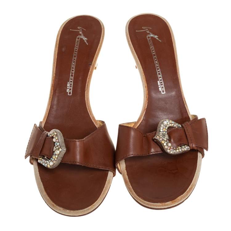 Pre Owned Giuseppe Zanotti Brown Leather Buckle Detail Slide Sandals Size 40