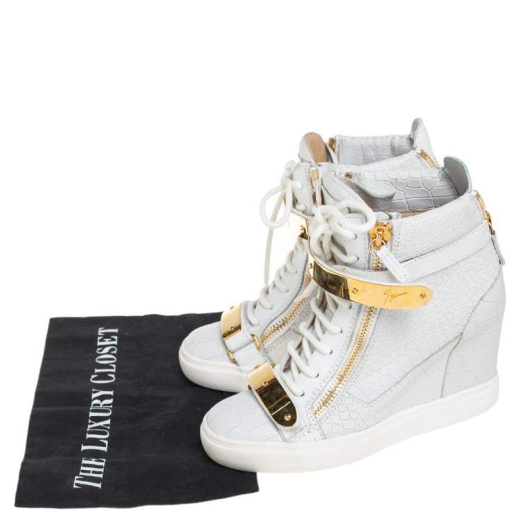 Pre Owned Giuseppe Zanotti White Croc Embossed Leather High Top Wedge Sneakers Size 37