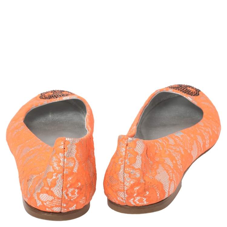 Pre Owned Giuseppe Zanotti Silver/Orange Lace Crystal Skull Ballet Flats Size 39