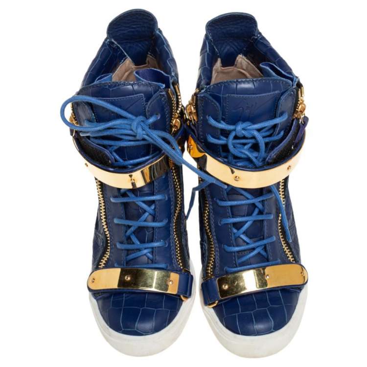 مملوكة مسبقًا Giuseppe Zanotti Blue Croc Embossed Leather Lorenz Wedge High Top Sneakers Size 40