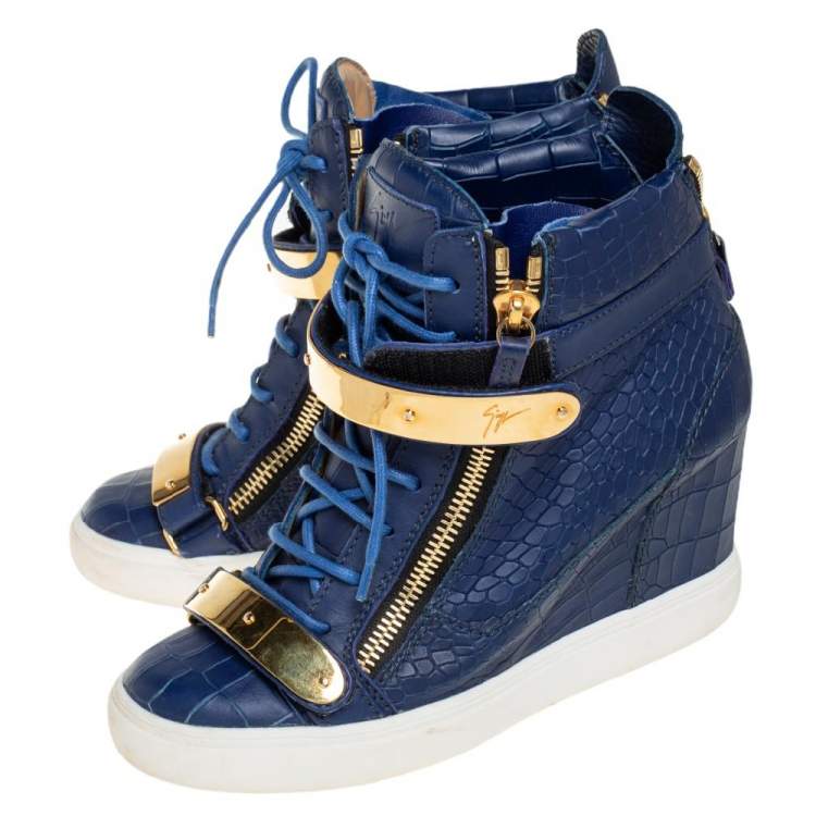 مملوكة مسبقًا Giuseppe Zanotti Blue Croc Embossed Leather Lorenz Wedge High Top Sneakers Size 40