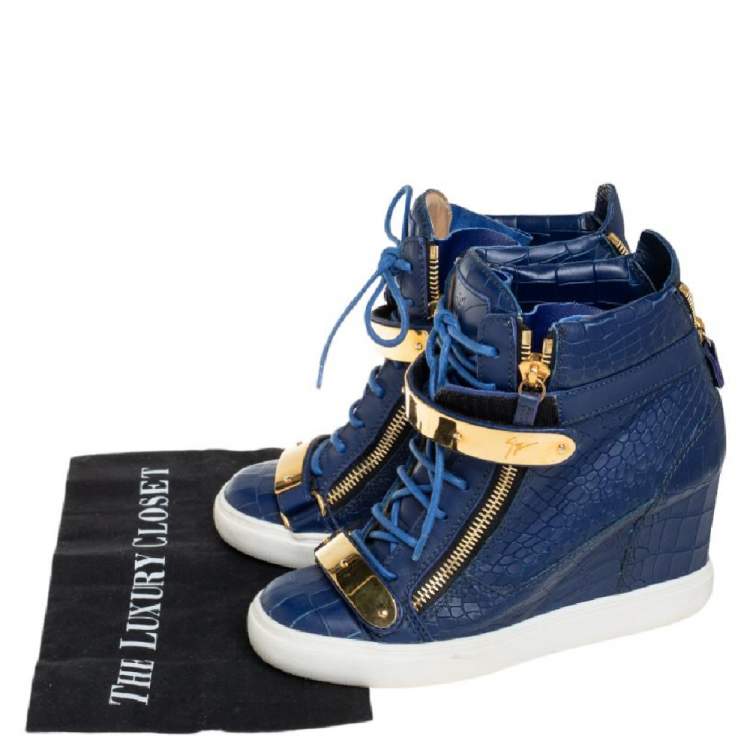 مملوكة مسبقًا Giuseppe Zanotti Blue Croc Embossed Leather Lorenz Wedge High Top Sneakers Size 40