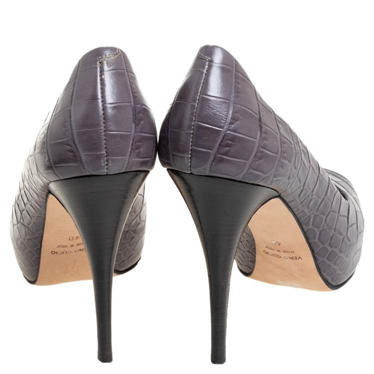 Pre Owned Giuseppe Zanotti Grey Croc Embossed Peep Toe Platform Pumps Size 40