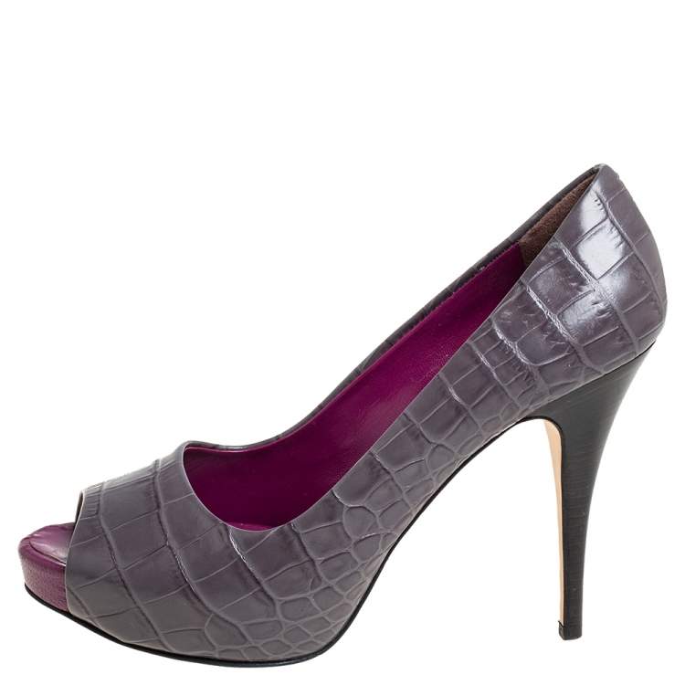 Pre Owned Giuseppe Zanotti Grey Croc Embossed Peep Toe Platform Pumps Size 40