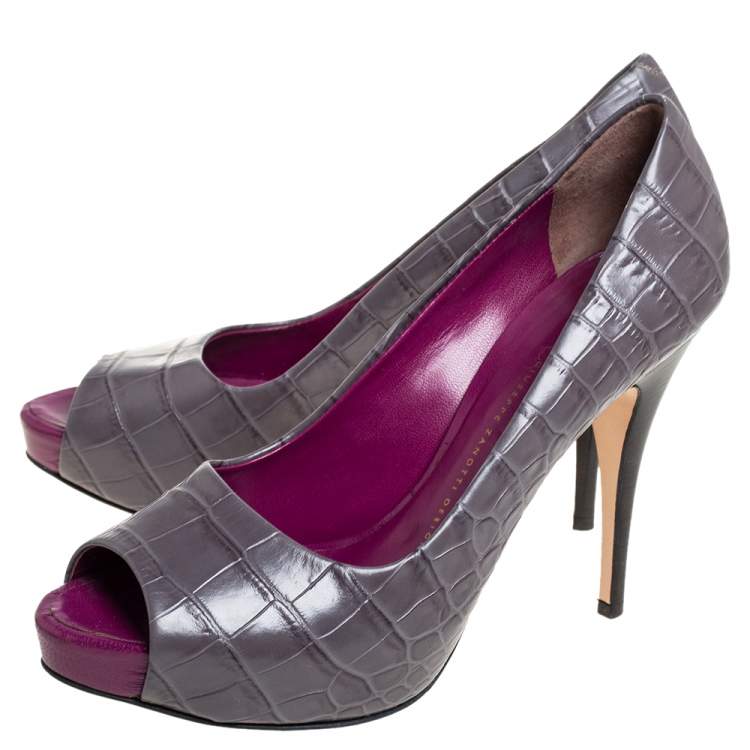Pre Owned Giuseppe Zanotti Grey Croc Embossed Peep Toe Platform Pumps Size 40