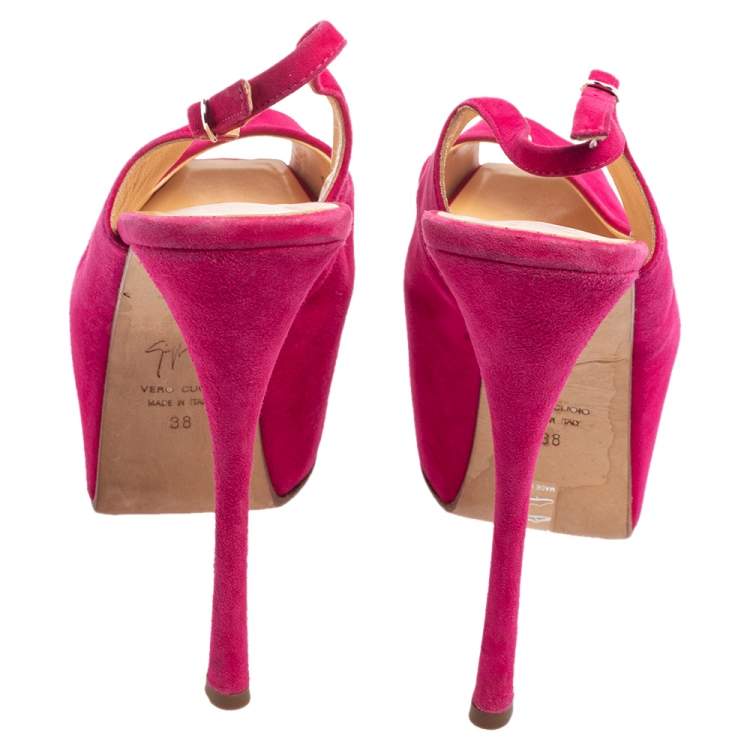 Pre Owned Giuseppe Zanotti Pink Suede Peep Toe Slingback Platform Sandals Size 38